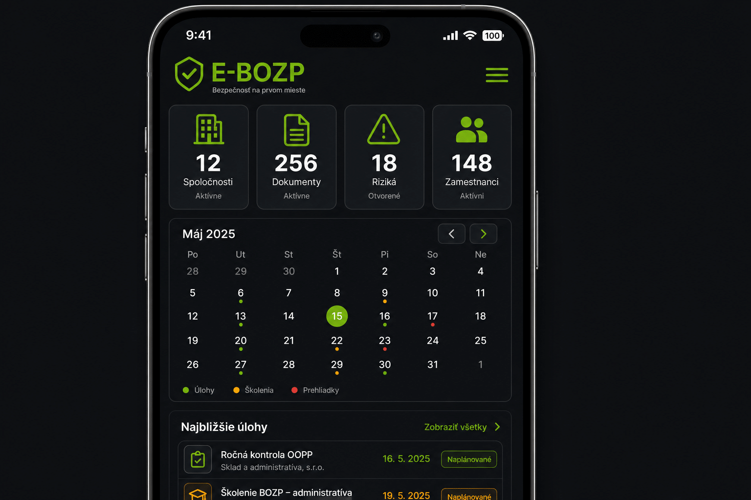 Mobilný náhľad aplikácie E-BOZP — dashboard, kalendár a úlohy